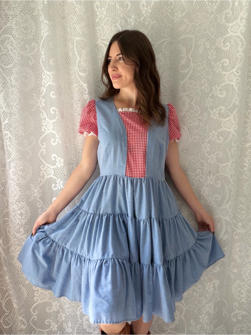 Vintage Handmade Blue Red Gingham Prairie Dress Cottagecore Puff Sleeve